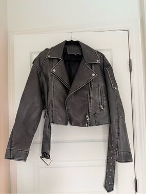 Cropped Women's Faux Leather Moto Jacket - Charcoal Gray